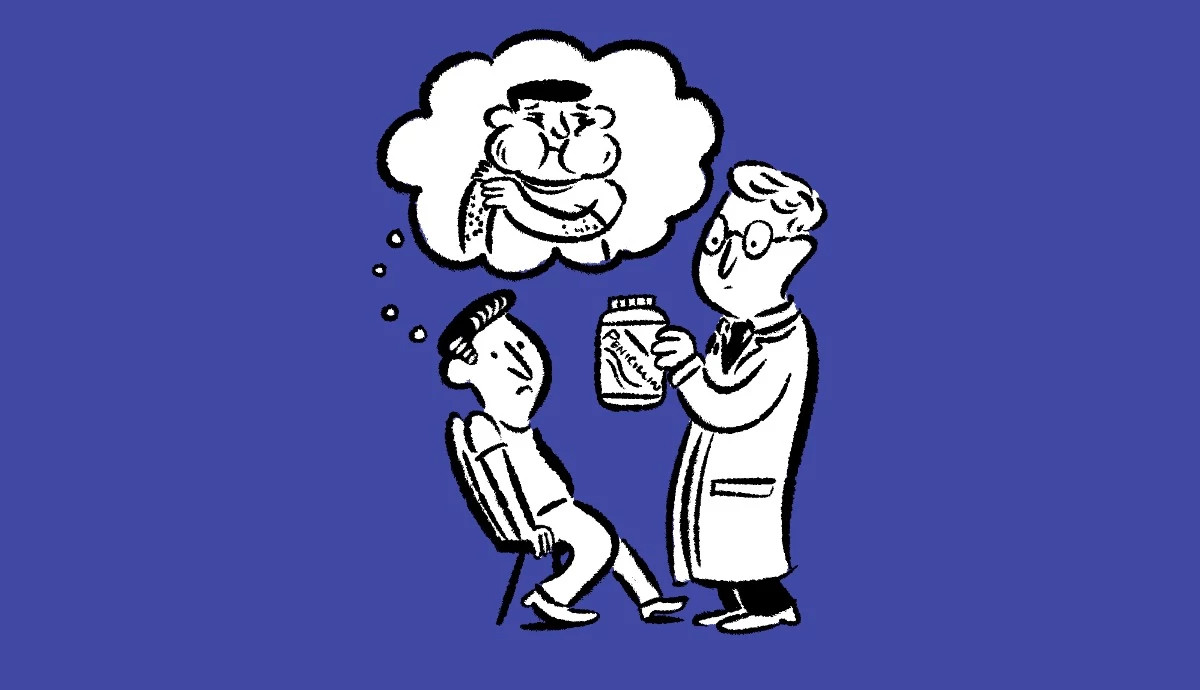 a doctor discussing penicillin with a patient who imagines taking the medication
