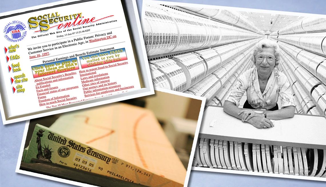 social security prepares to enter the 21st century images of the social security website, a room full of statements, and a bit of a benefits check peeks out of an envelope