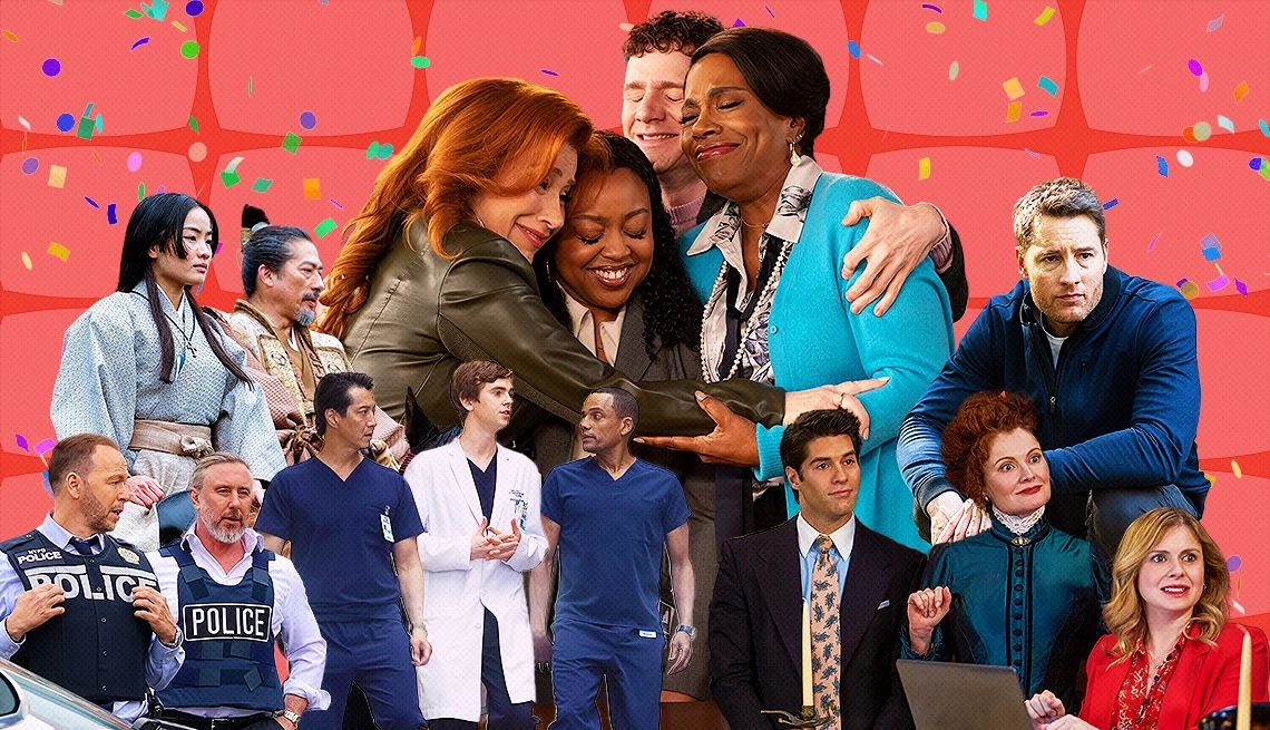 Favorite network shows of the first half of 2024 Collage of characters from Abbott Elementary, Blue Bloods, Elsbeth, Ghosts, The Good Doctor, Mr Bates Vs the Post Office, Shōgun, Tracker, Transplant and Will Trent