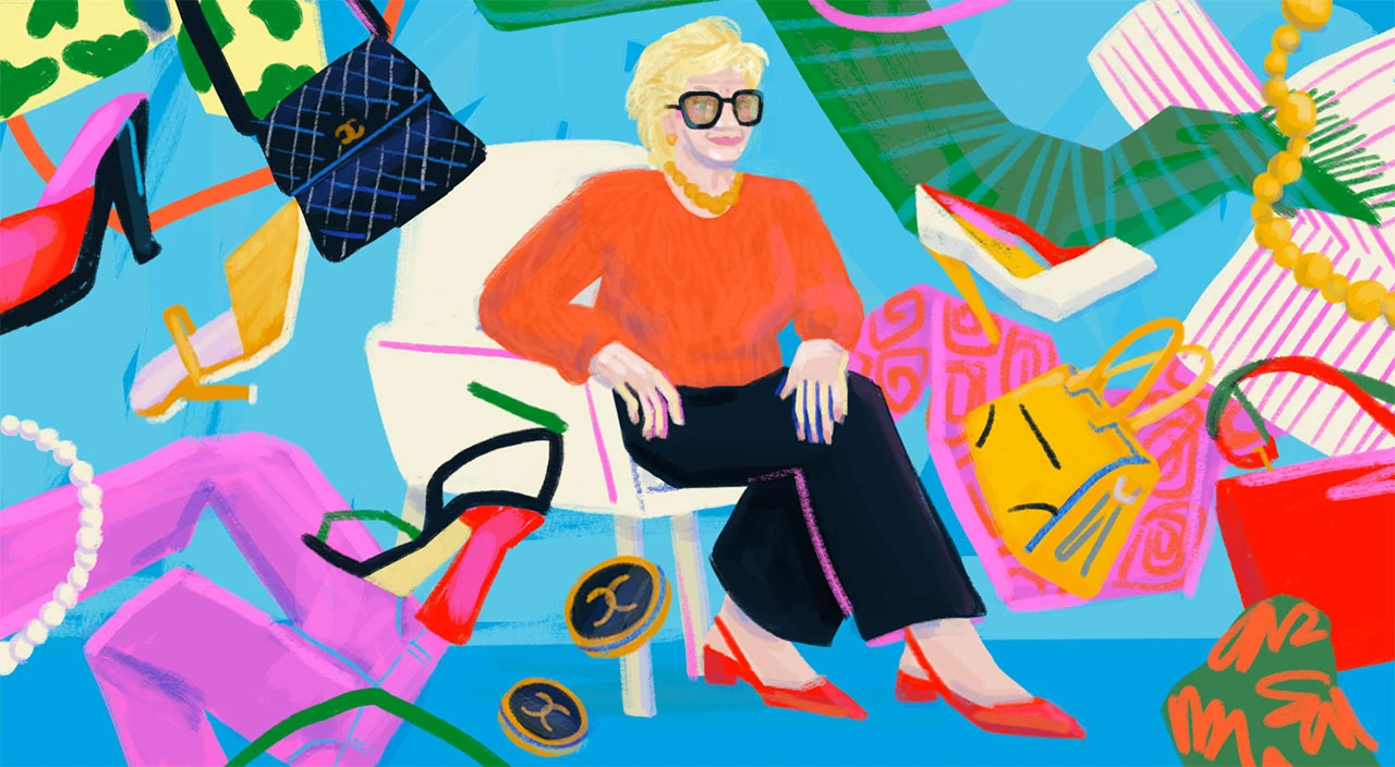 illustration of woman sitting on a chair surrounded by clothing items