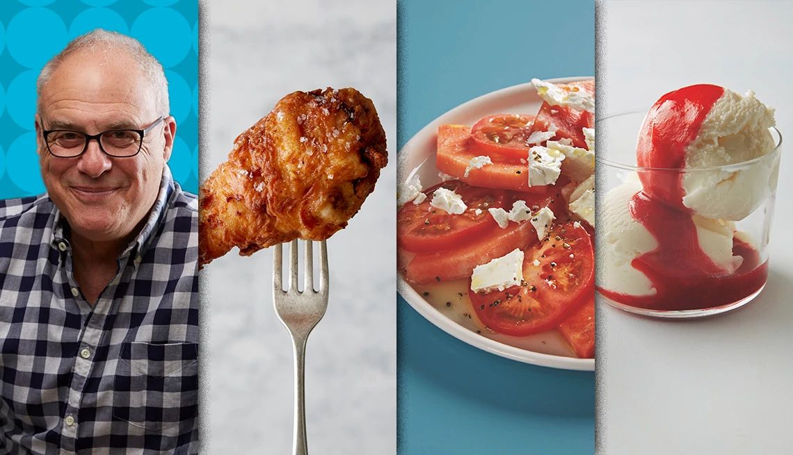 Mark Bittman’s Summer Menu A photo collage combines images of Mark Bittman, fried chicken, watermelon and tomato salad and frozen yogurt with raw strawberry sauce