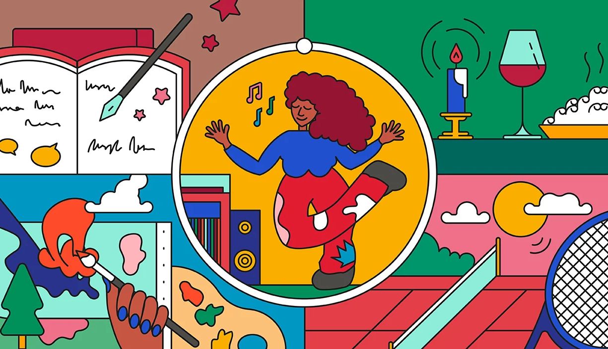 a person meditating in the middle with different activities surrounding them