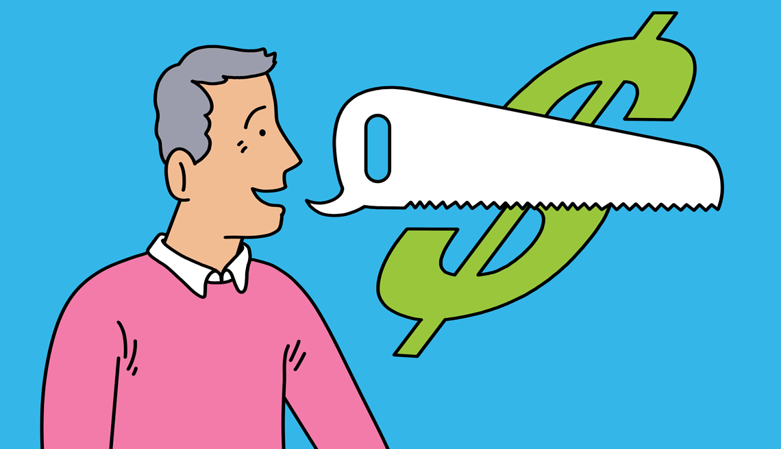 a man looks toward a saw as it cuts through a dollar sign on a blue background