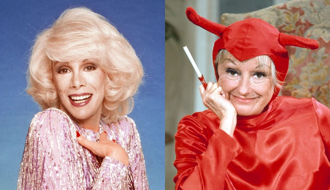 Joan Rivers smiles for a portrait next to Phyllis Diller in a devil costume