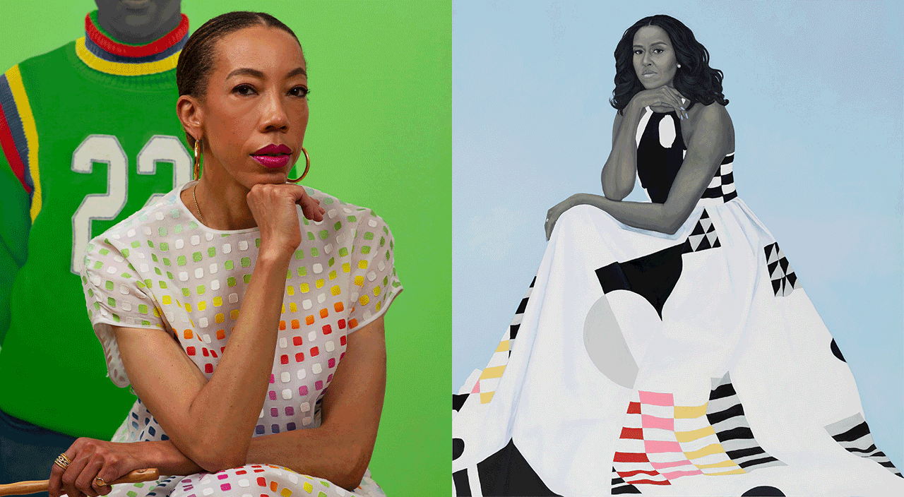 gif of photos of artists next to their artworks, Amy Sherald, Kara Walker, Betye Saar