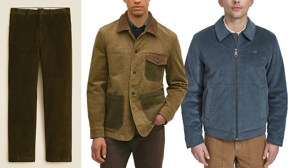 a collage with two corduroy jackets and a pair of corduroy trousers