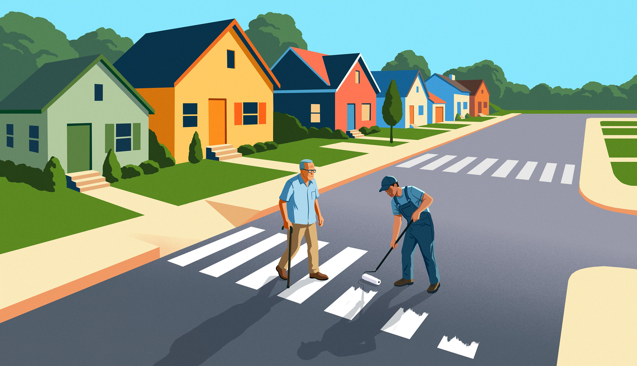 a person painting lines on a street with another person walking