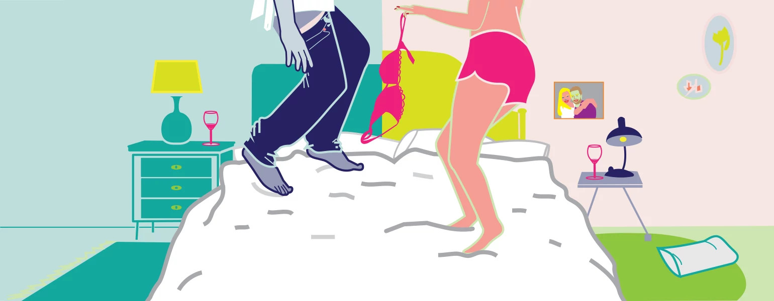 Illustration of man and woman jumping on bed as friends with benefits. 