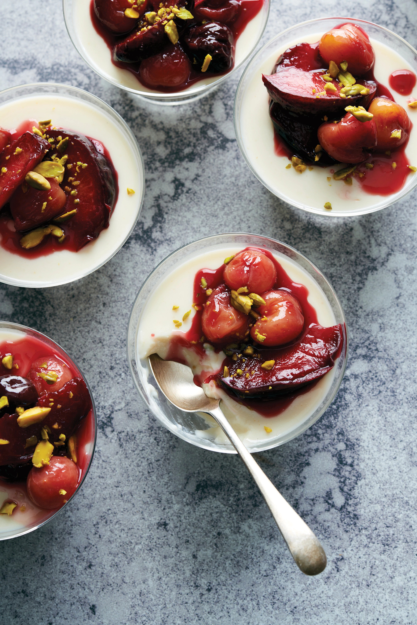 Chamomile-Ginger Panna Cotta with Midsummer Compote and Pistachios