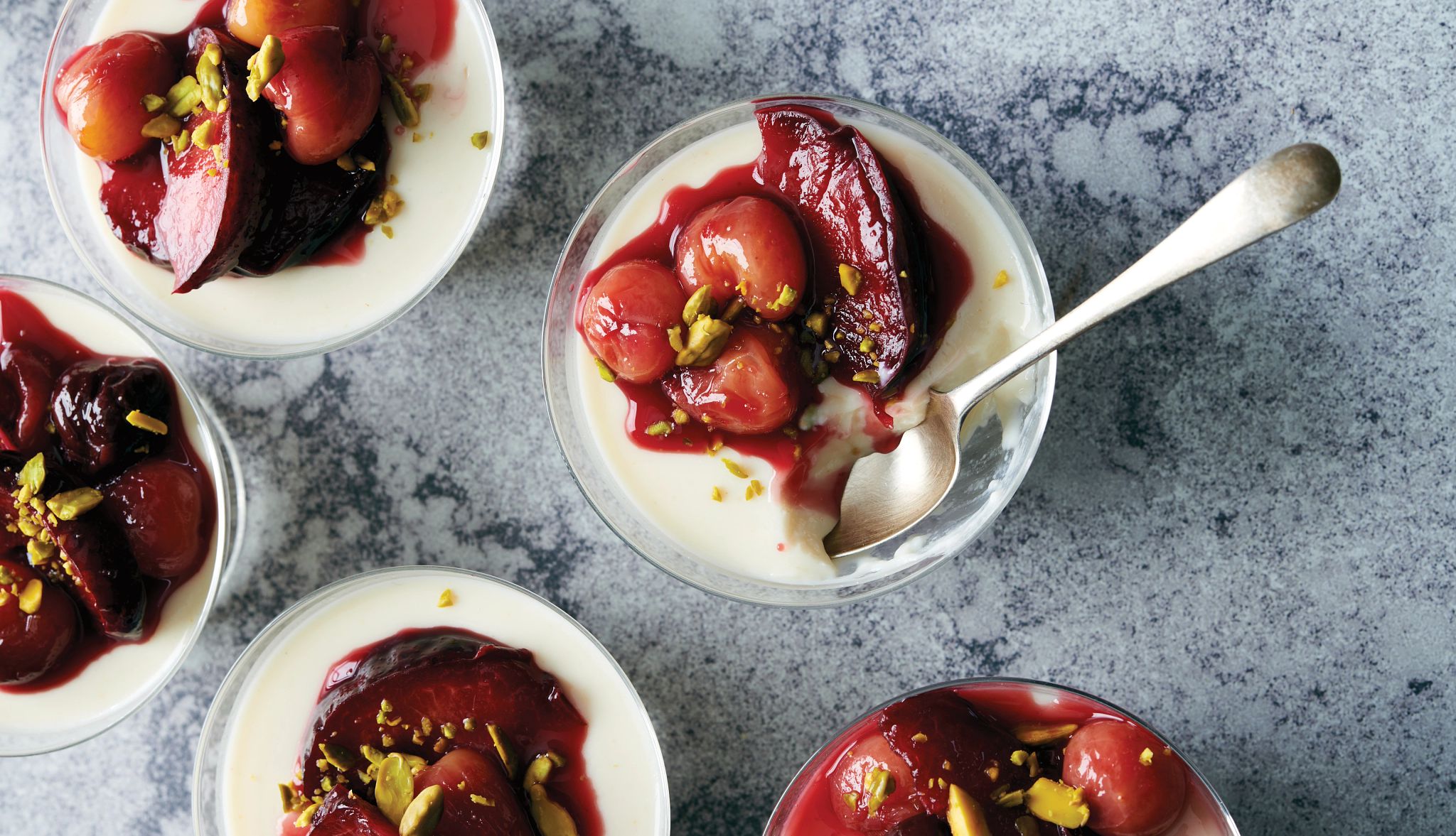 Chamomile-Ginger Panna Cotta with Midsummer Compote and Pistachios Chamomile-Ginger Panna Cotta with Midsummer Compote and Pistachios