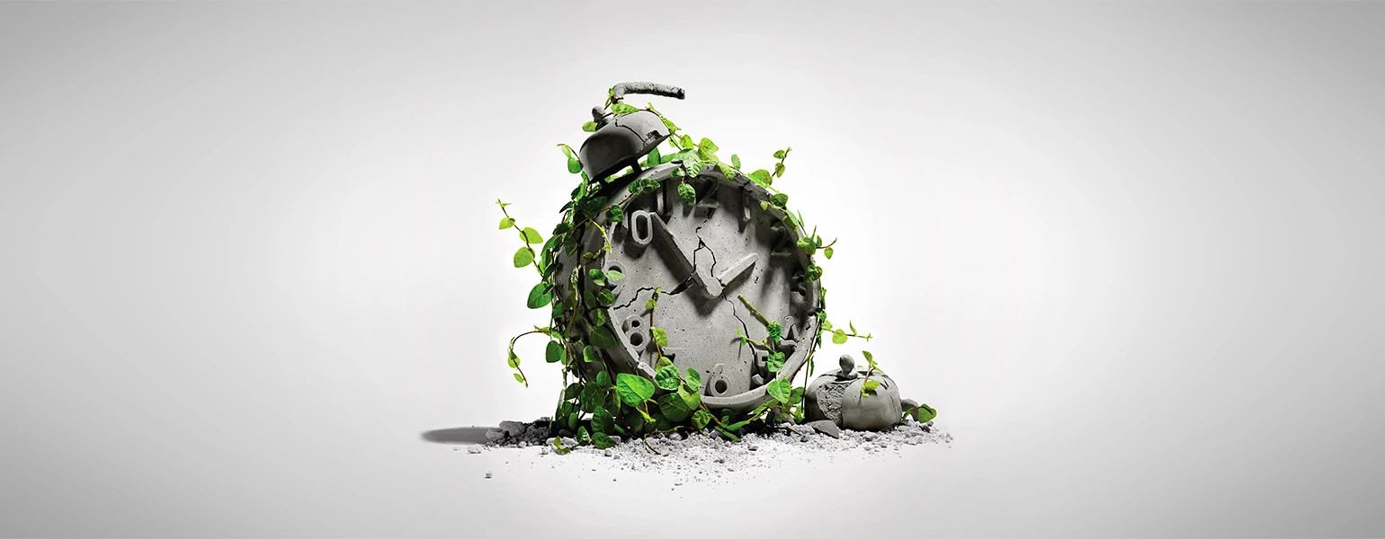 A graphic of an old clock covered in ivy.