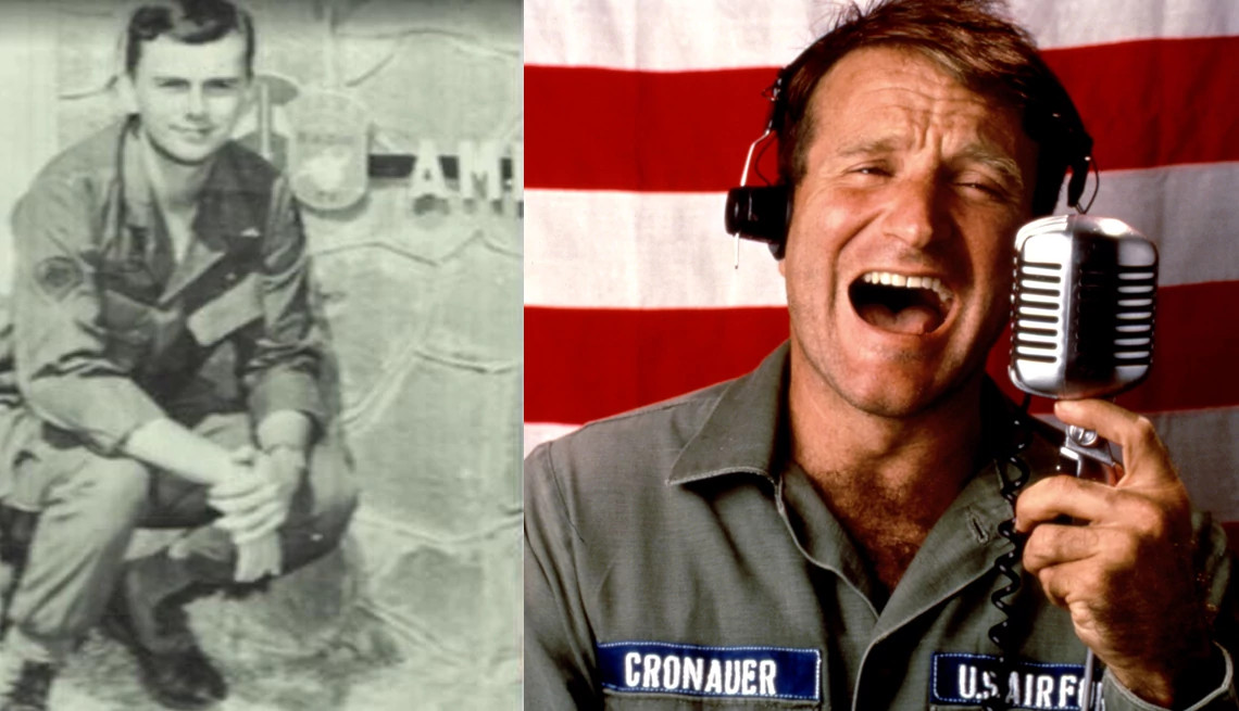 Pat Sajak serving as a DJ in Vietnam and Robin Williams in the film Good Morning Vietnam