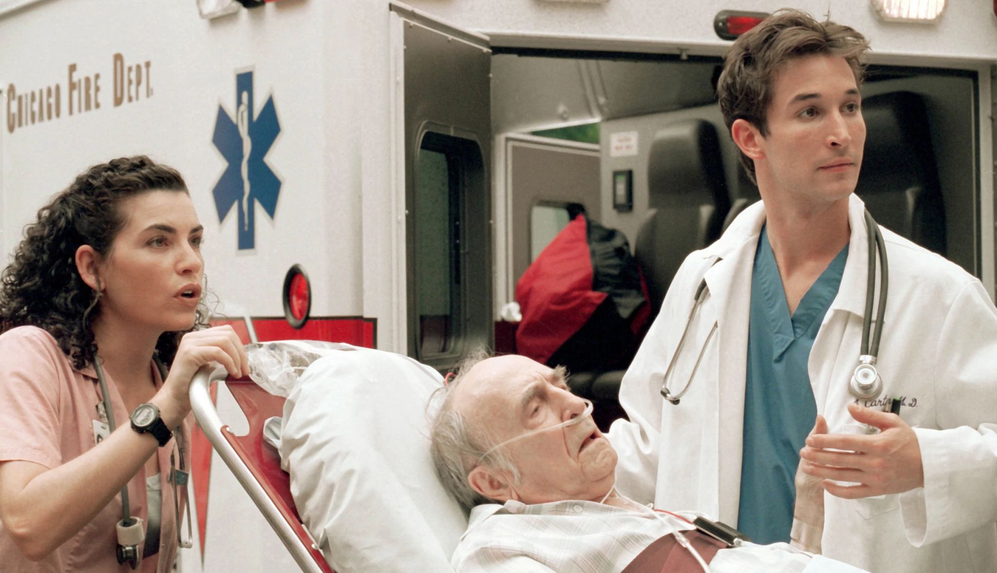 A scene from the NBC medical drama ER Noah Wyle and Julianna Margulies in the ER scene as medical professionals attending to a patient