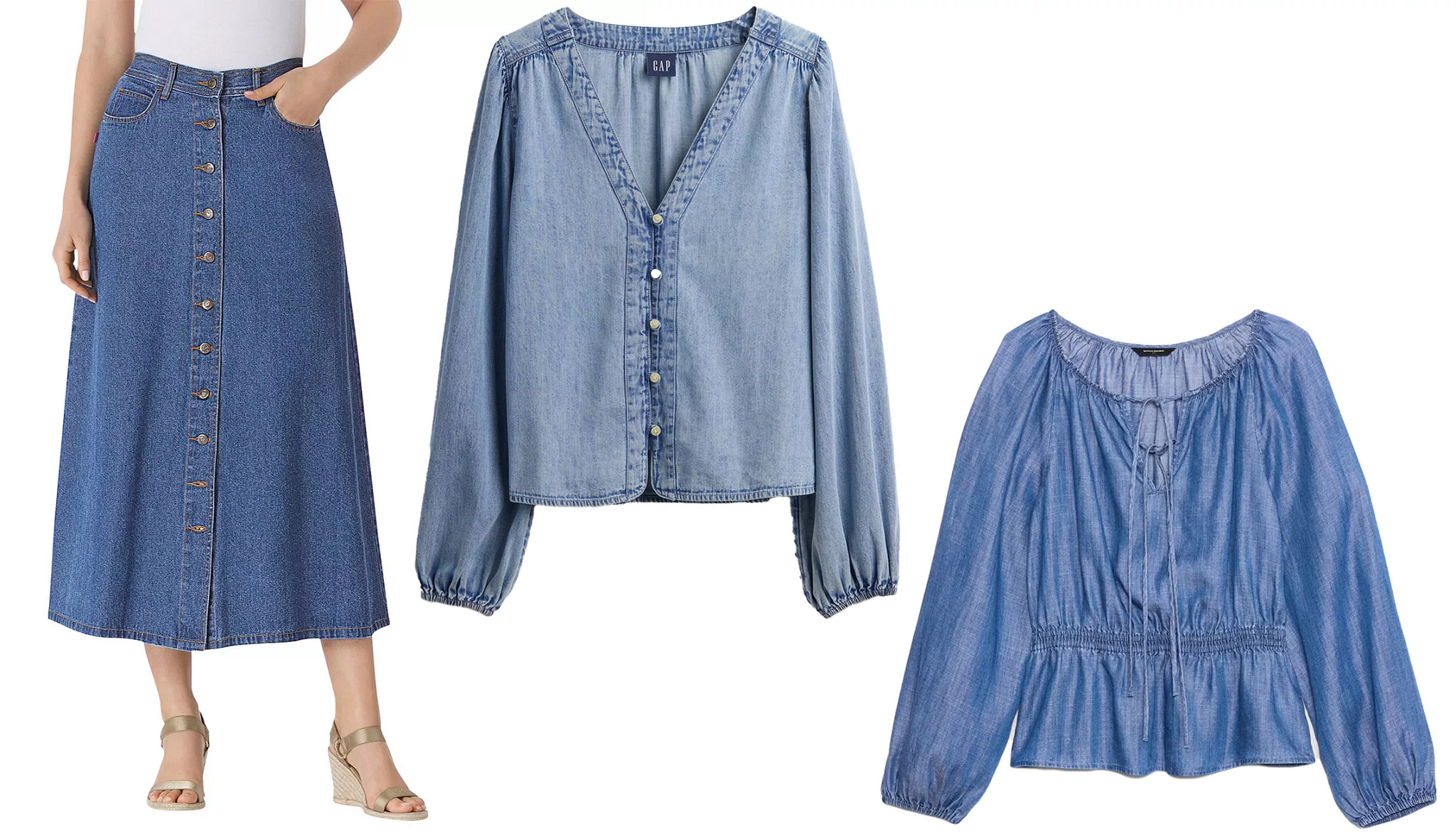 a collage with a model wearing a midi length denim skirt alongside photos of two chambray blouses