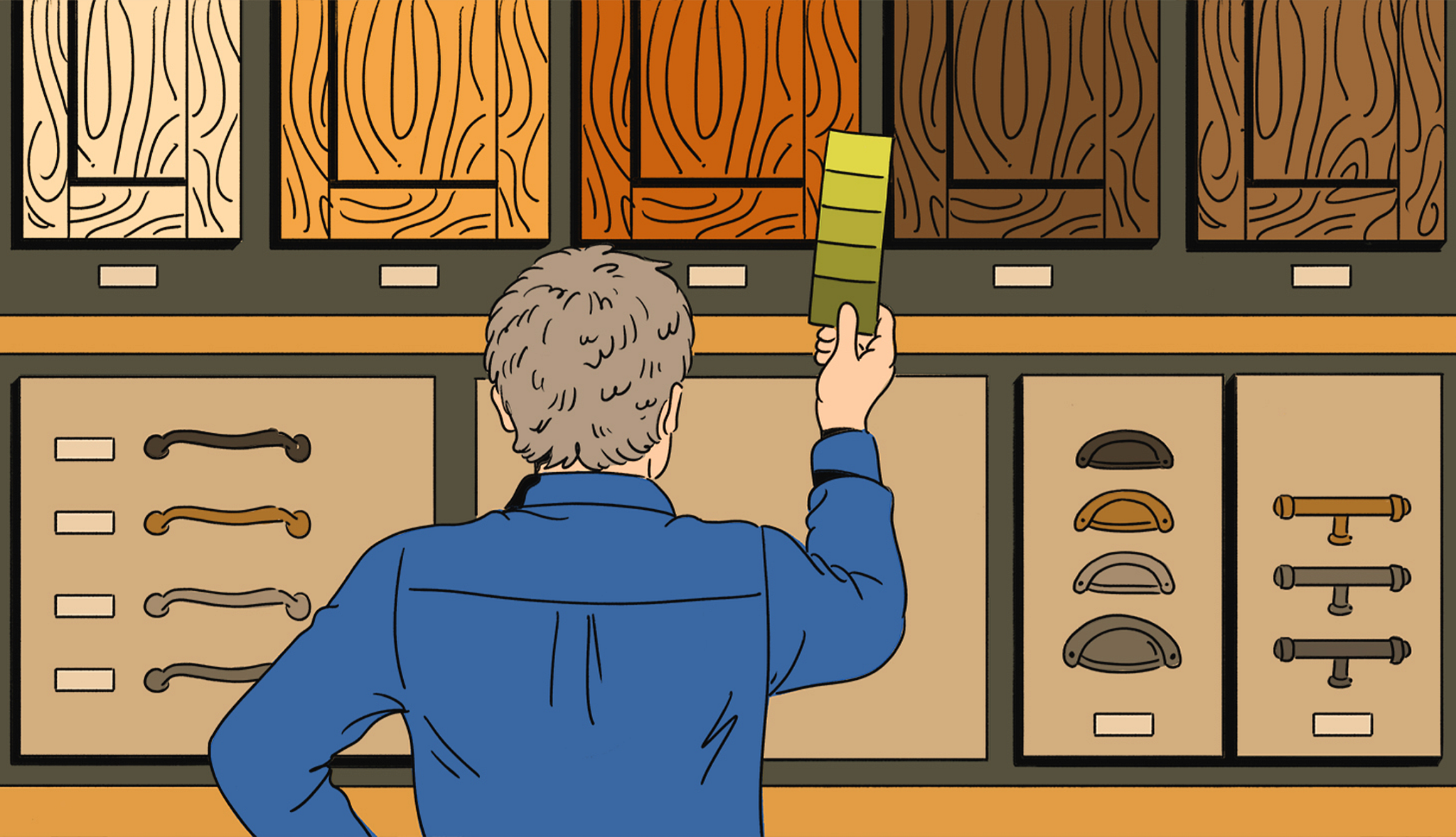 an illustration shows a man perusing various shades of wood at a store for use his home