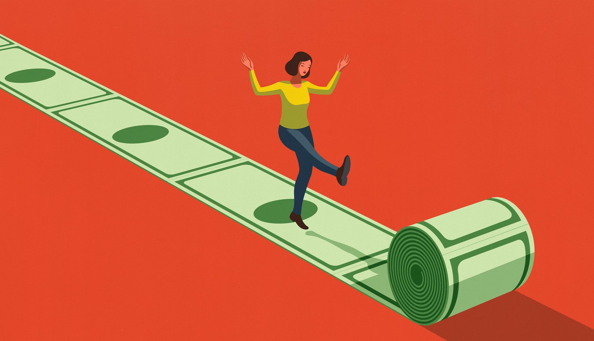 Make your money last a woman walks along a walkway of rolled up dollar bills that are unrolling in front of her