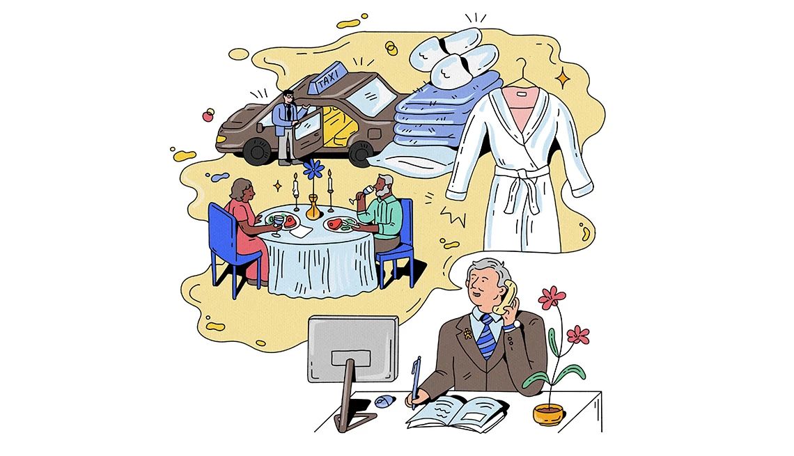 insider tips from a hotel concierge illustration of a hotel concierge sitting at a desk on the phone above him is a speech bubble with taxi cab, a couple eating dinner at restaurant and more