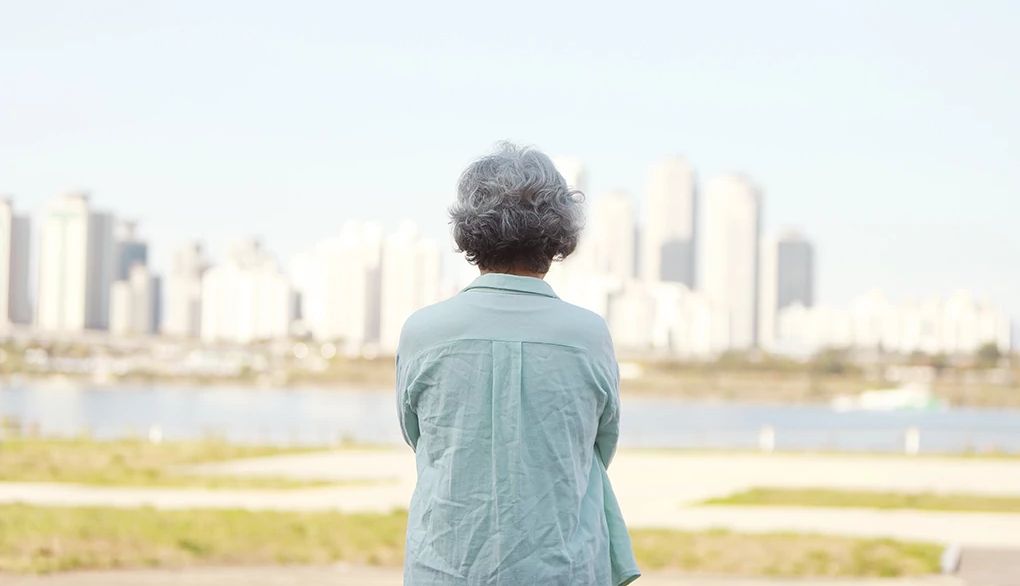 Meditation urges the development of patience A rear view of a woman looking at a city skyline