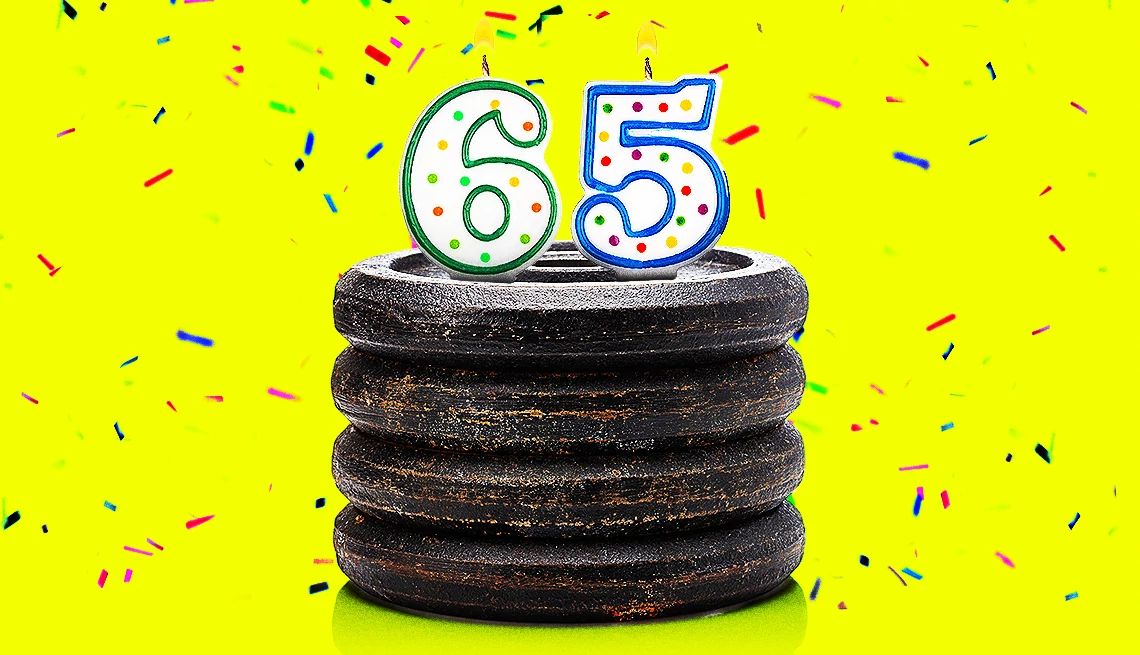Ultimate Flex at 65 a photo illustration shows a 65 birthday candle atop a stack of dumbbells, with confetti floating around everything