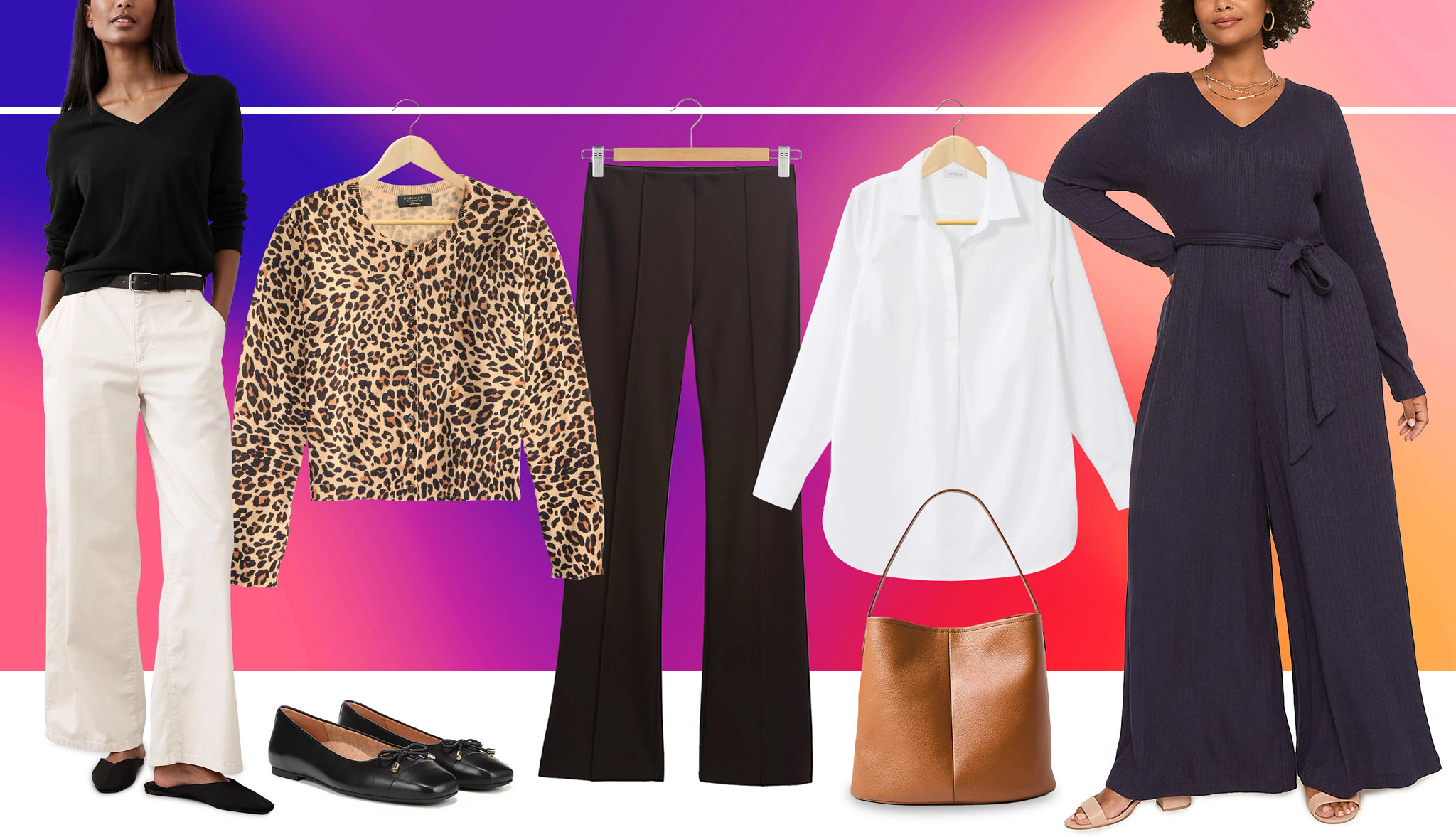 a collage with people modeling outfits and clothing hanging from hangers