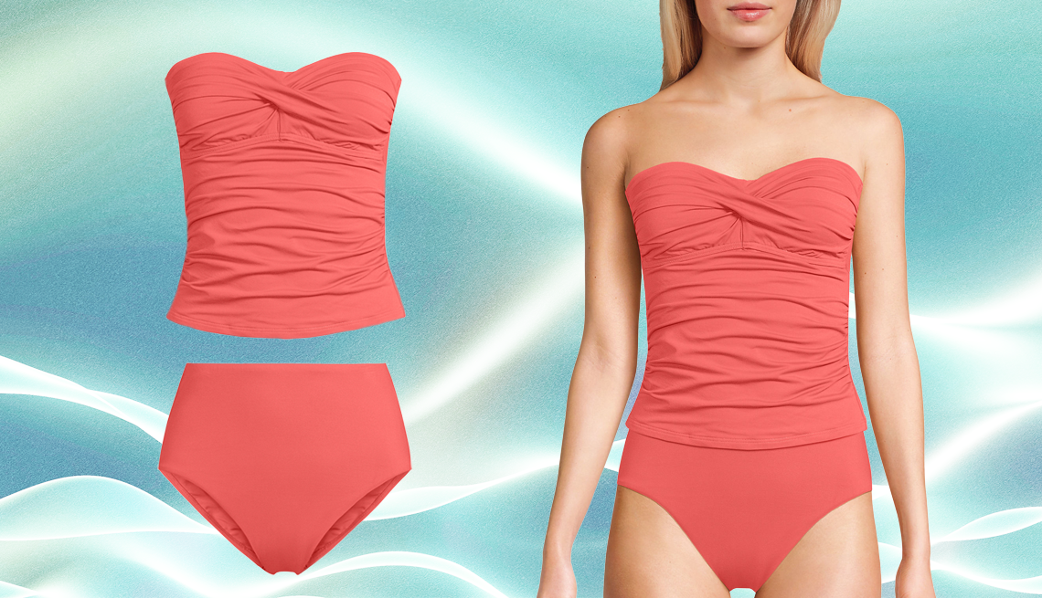 Tankini swimsuit top and bottoms Lands’ End Chlorine Resistant Bandeau Tankini Swimsuit Top and Lands’ End Chlorine Resistant Bandeau Smoothing Control High Waisted Bikini Bottoms