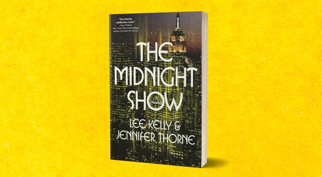 photo of 'the midnight show' novel on yellow watercolor background