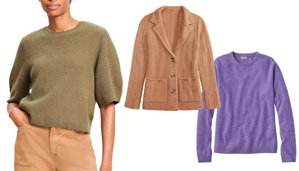 a collage showing three different sweaters