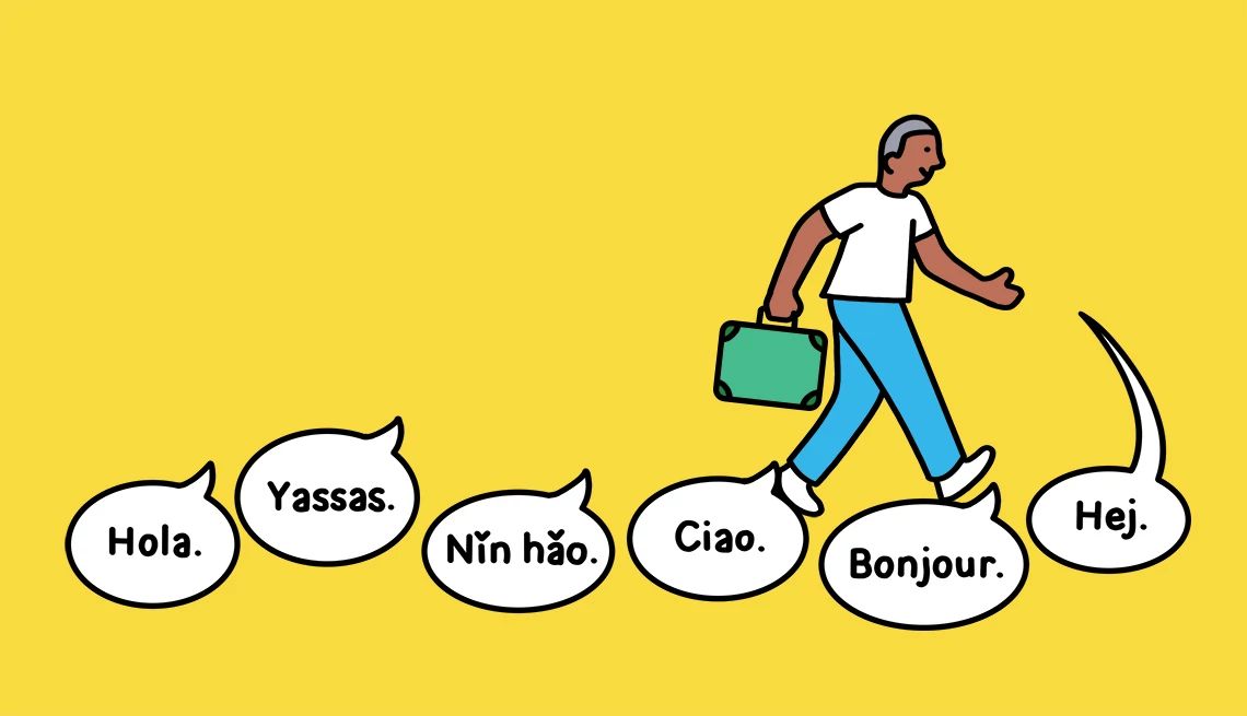 Learn common phrases Illustration of person walking with suitcase; word bubbles with hello in different languages are below person