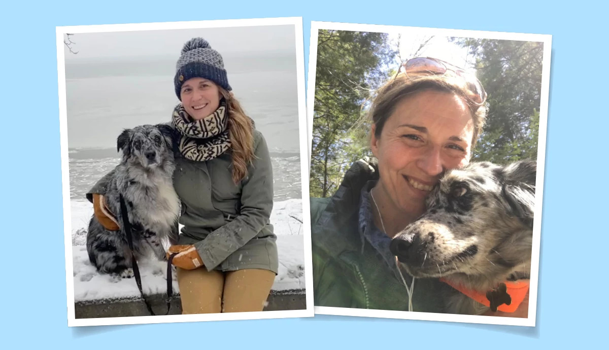 side by side images of lizzie post posing outdoors with her dog