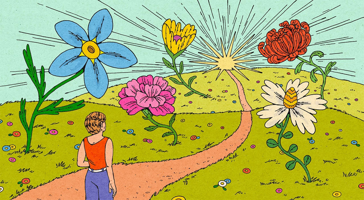 illustration of woman walking on a pathway towards a bright sun surrounded by blooming flowers