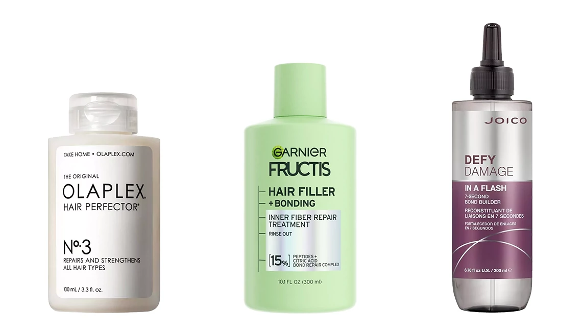 Olaplex No.3 Hair Perfector; Garnier Fructis Hair Filler + Bonding Inner Fiber Repair Treatment; Joico Defy Damage In A Flash 7-Second Bond Builder