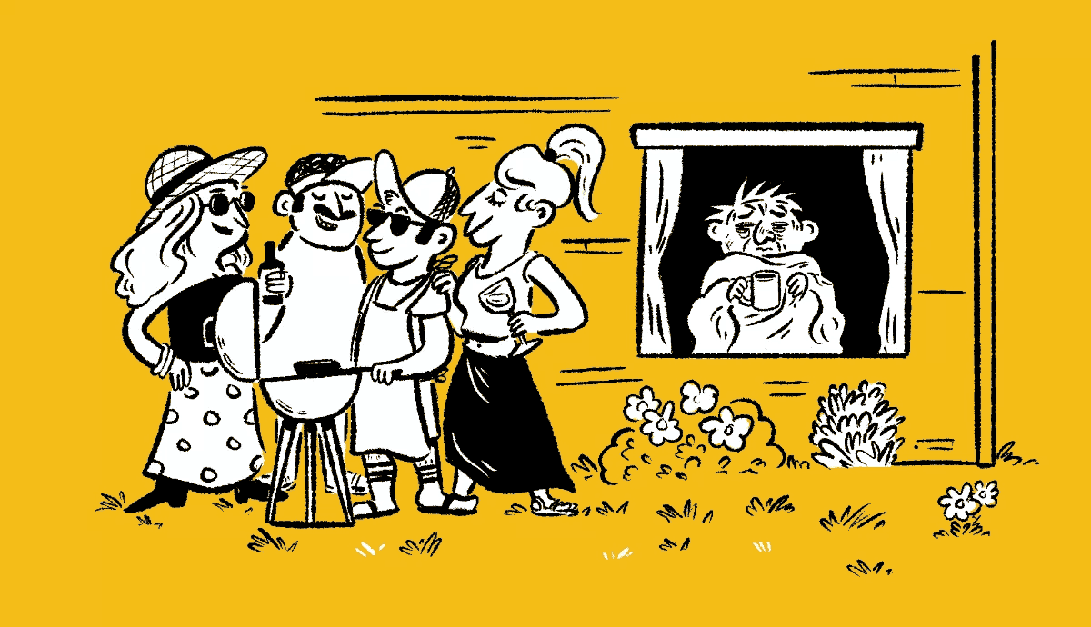 An illustration on a yellow background shows a group of people happily socializing and grilling outdoors, while a man wrapped in a blanket looks out sadly from a nearby window, holding a warm mug.