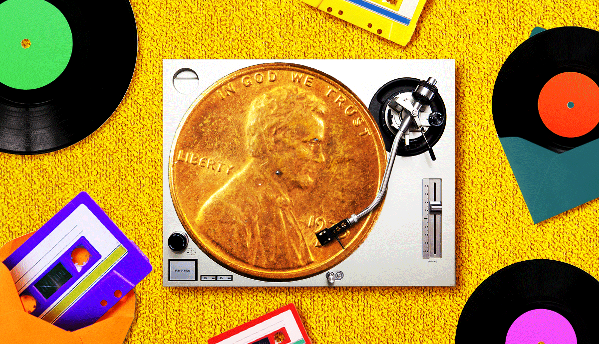 an illustration of a vintage record player, with an oversized penny as the record