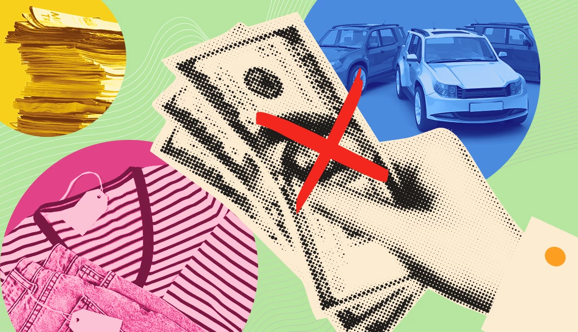 10 cosas en las que los jubilados ya deberían dejar de gastar ilustración de una mano agarrando dinero con una cruz encima y objetos alrededor