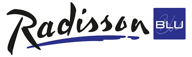 Logo Radisson Blu with black lettering for Radisson and a royal blue square with BLU in white lettering