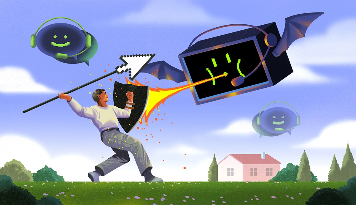 an illustration shows an older adult male outside his house in a large yard. He is wielding a spear and a sword, fighting off flying chatbots, represented graphically in the style of 1980s arcade games