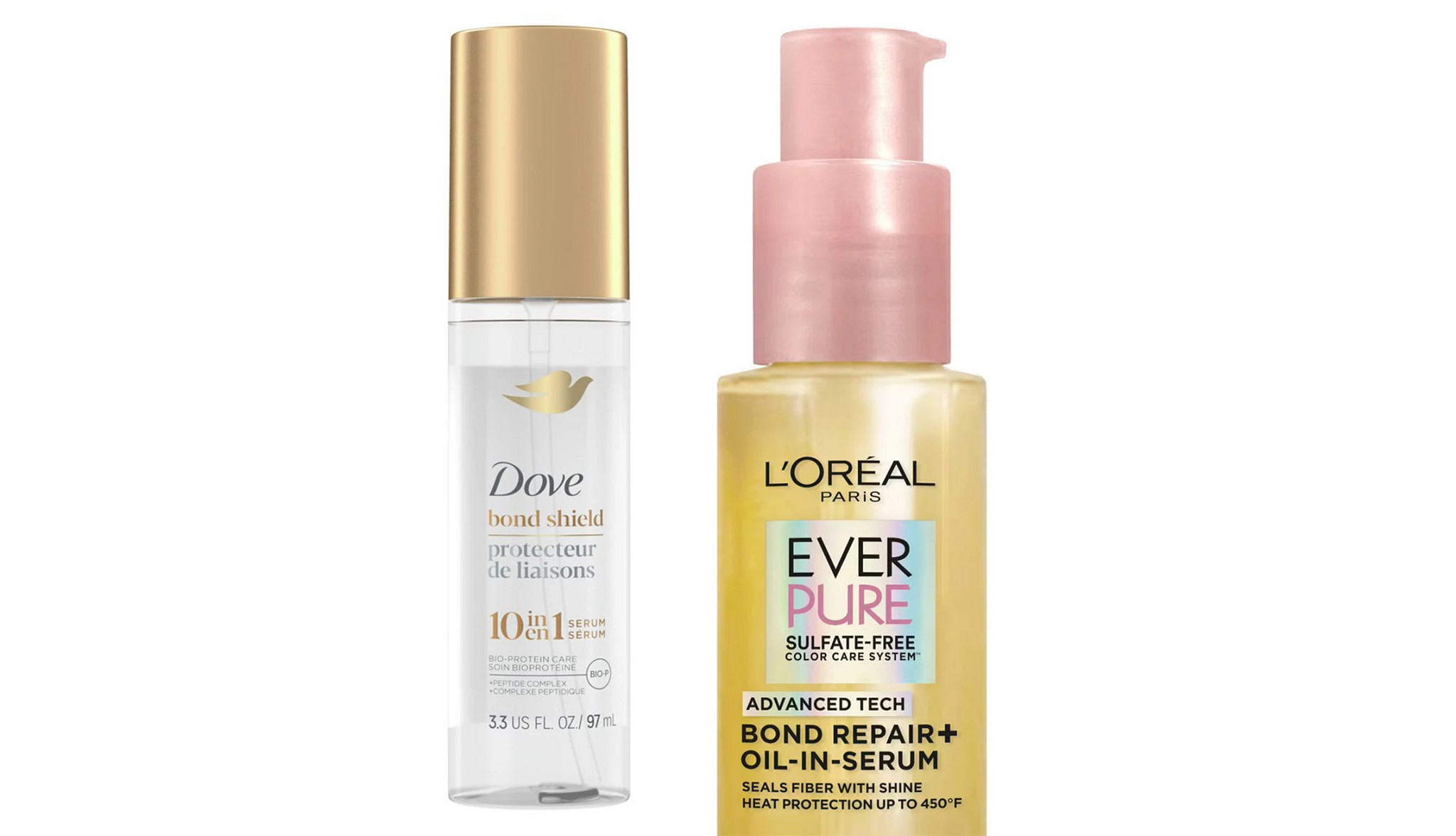 A collage with two different bond repair hair serums that can be purchased at the drugstore