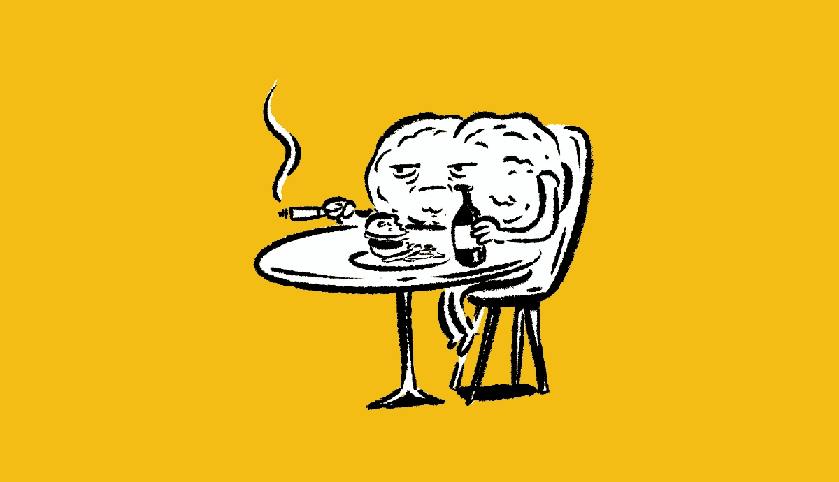 An illustration on a yellow background shows a personified human brain sitting sluggishly in a chair at a table, looking tired while holding a smoking cigarette in one hand and a bottle in the other next to a plate with a burger and fries.