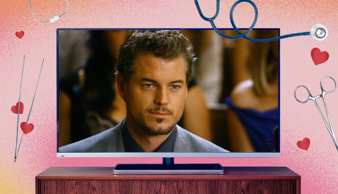 a photo and graphic collage shows Dr. Mark Sloan (aka McSteamy) played by the late Eric Dane on a TV screen in a scene from Grey’s Anatomy. Also in the collage are hearts and surgeon’s tools