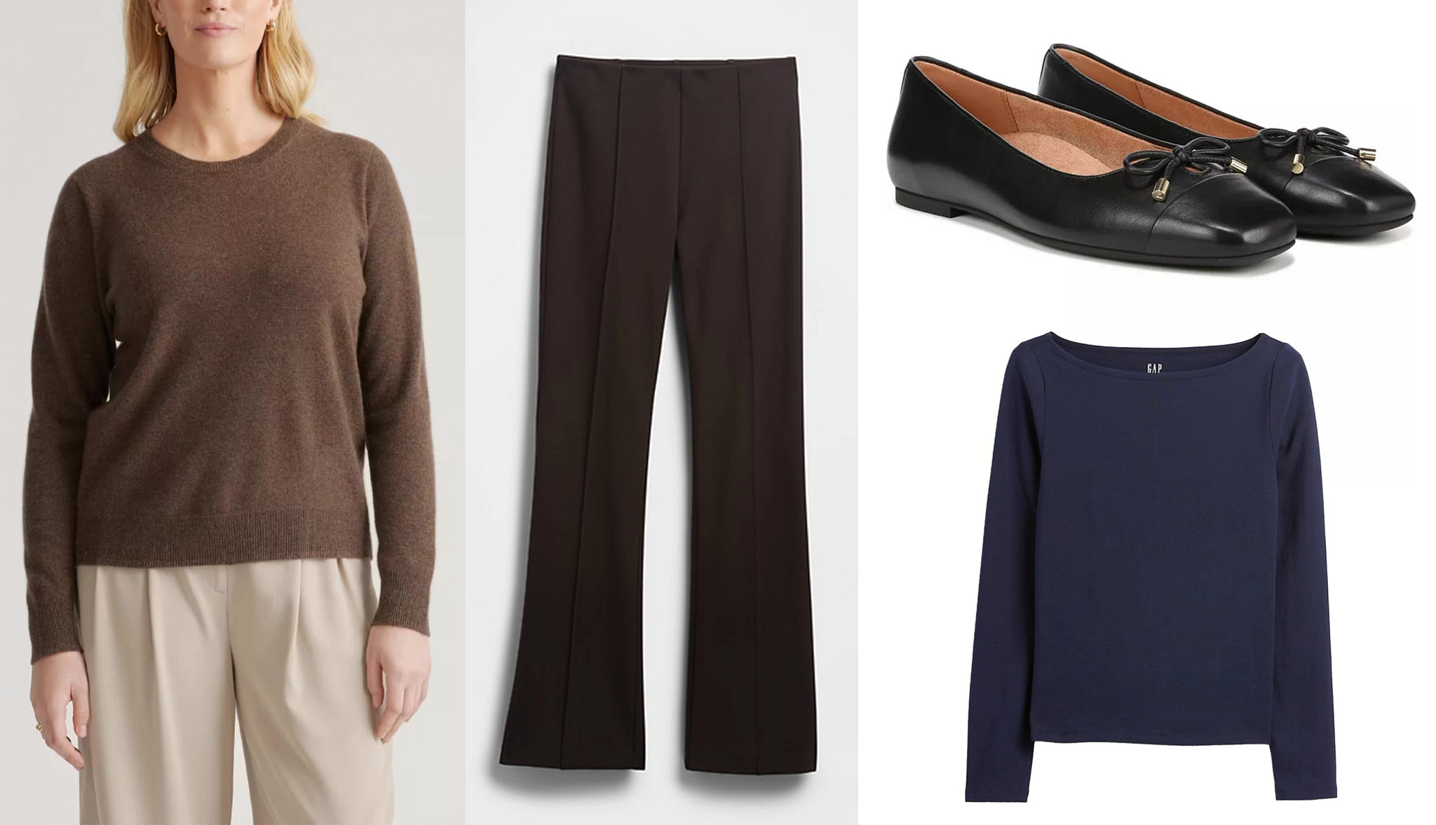 a model wearing a brown sweater alongside images of a pair of black trousers, black ballet flats and a navy blue boatneck shirt