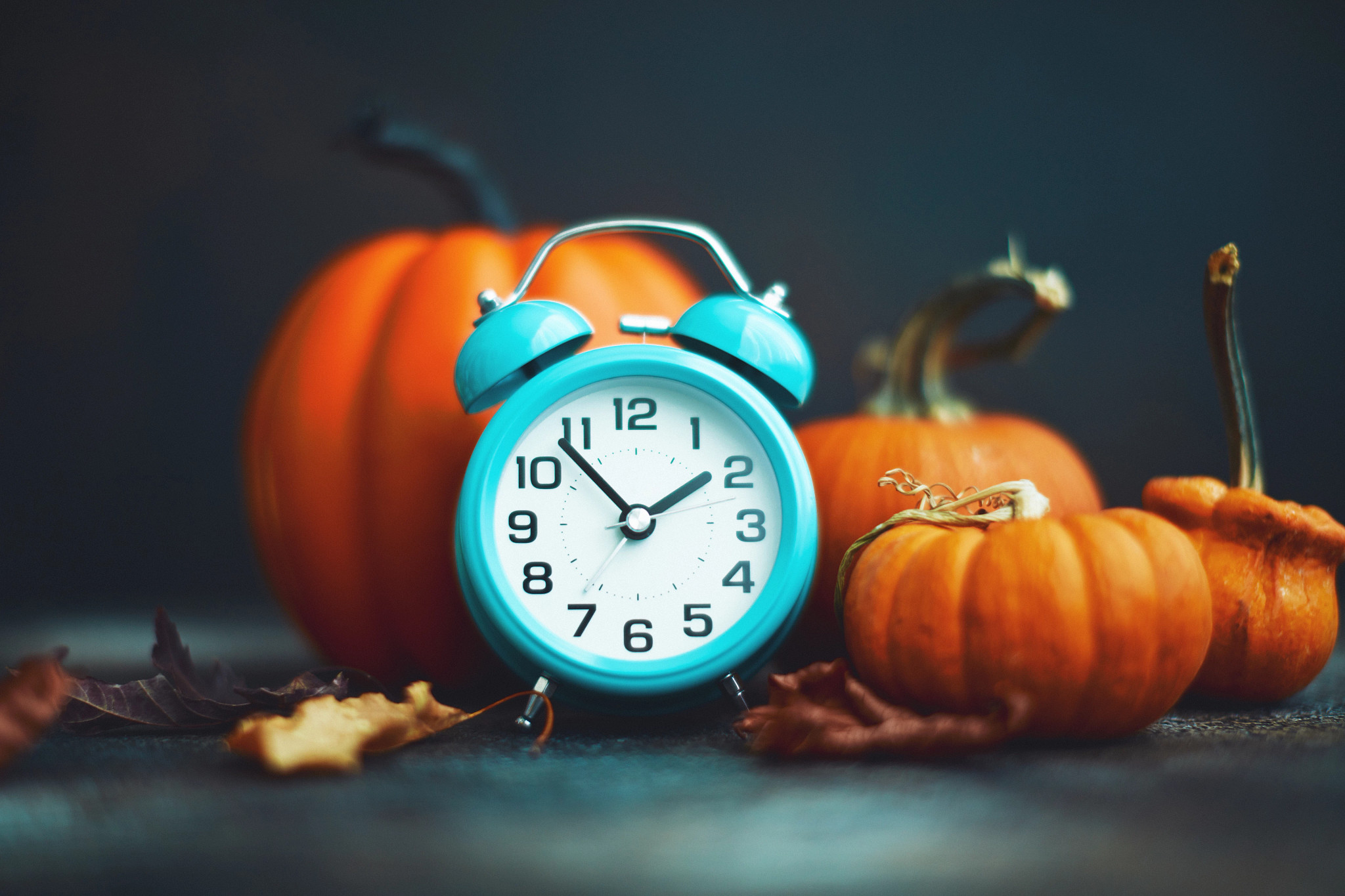 A light blue twin-bell alarm clock standing in front of orange pumpkins and autumn leaves.