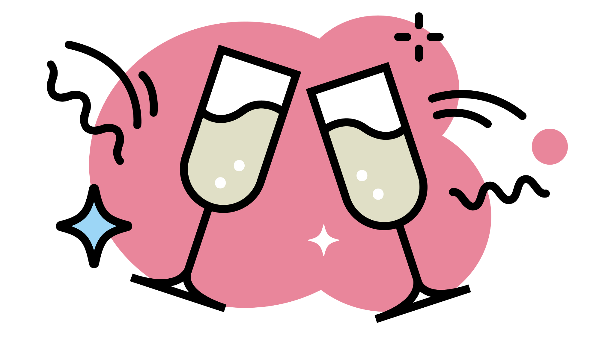 An illustrated icon for The Ethel From AARP that features two glasses of drinks pointed at each other