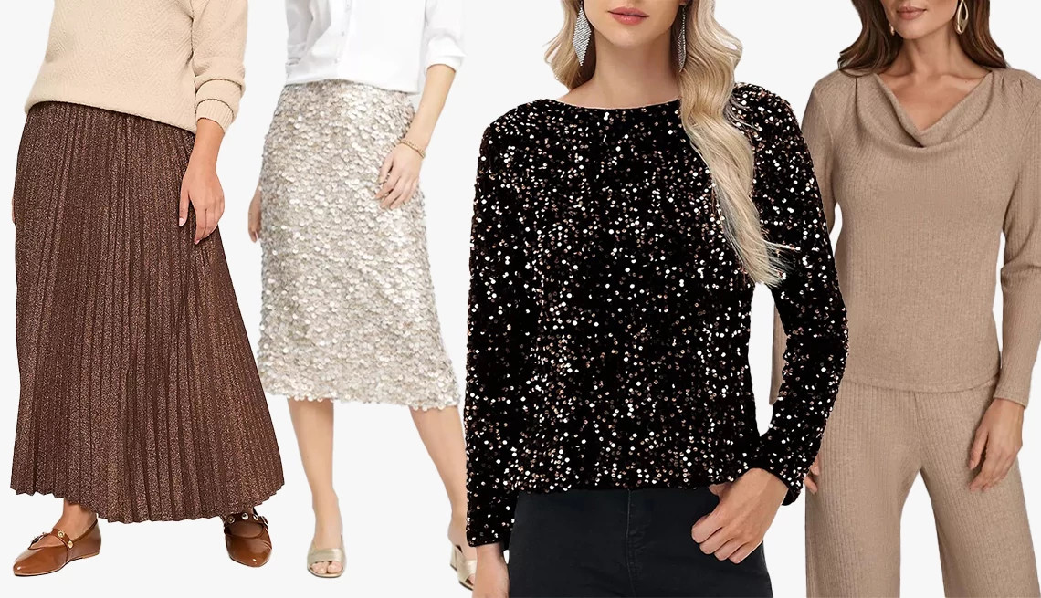 a collage with four models wearing sparkly evening ensembles