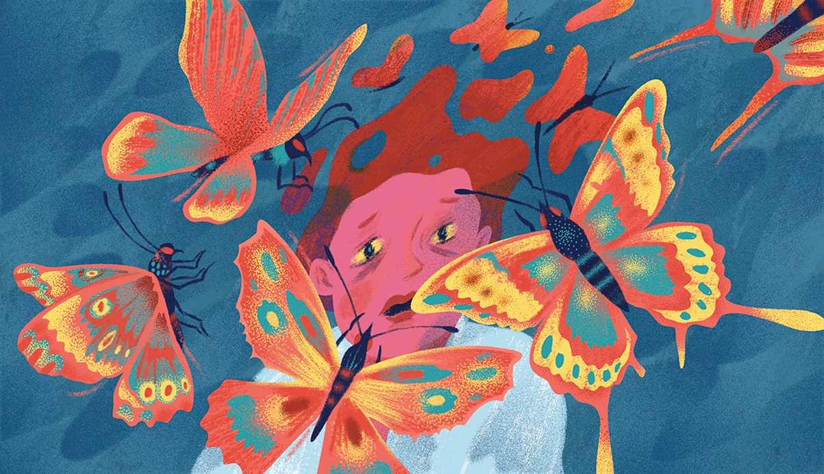 illustration of woman feeling anxiety with butterflies flying in front of her