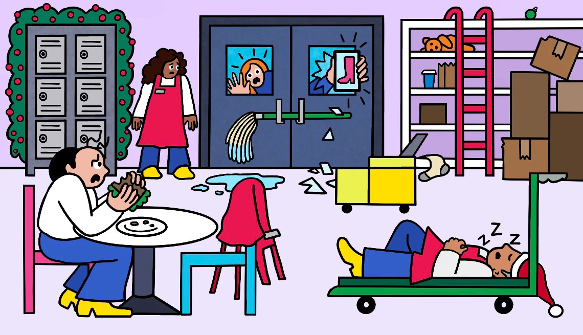 an illustration shows the back area of retail store during holiday season. The store’s workers have barred the door with a mop to stymie overzealous holiday shoppers