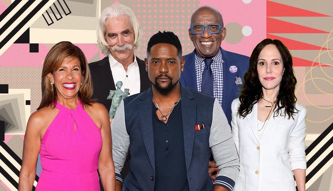 Hoda Kotb, Sam Elliott, Blair Underwood, Al Roker and Mary-Louise Parker on colorful, flashy background with all sorts of shapes and symbols