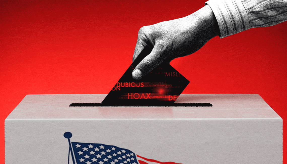 a hand putting a ballot into a ballot box with a red background