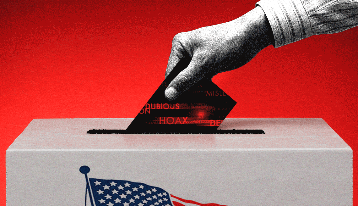 Election Disinformation and AI a hand putting a ballot into a ballot box with a red background