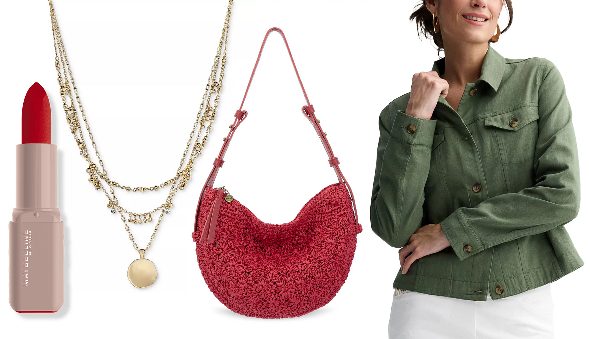 a lipstick, a gold necklace, a red handbag and a model wearing a boxy linen jacket