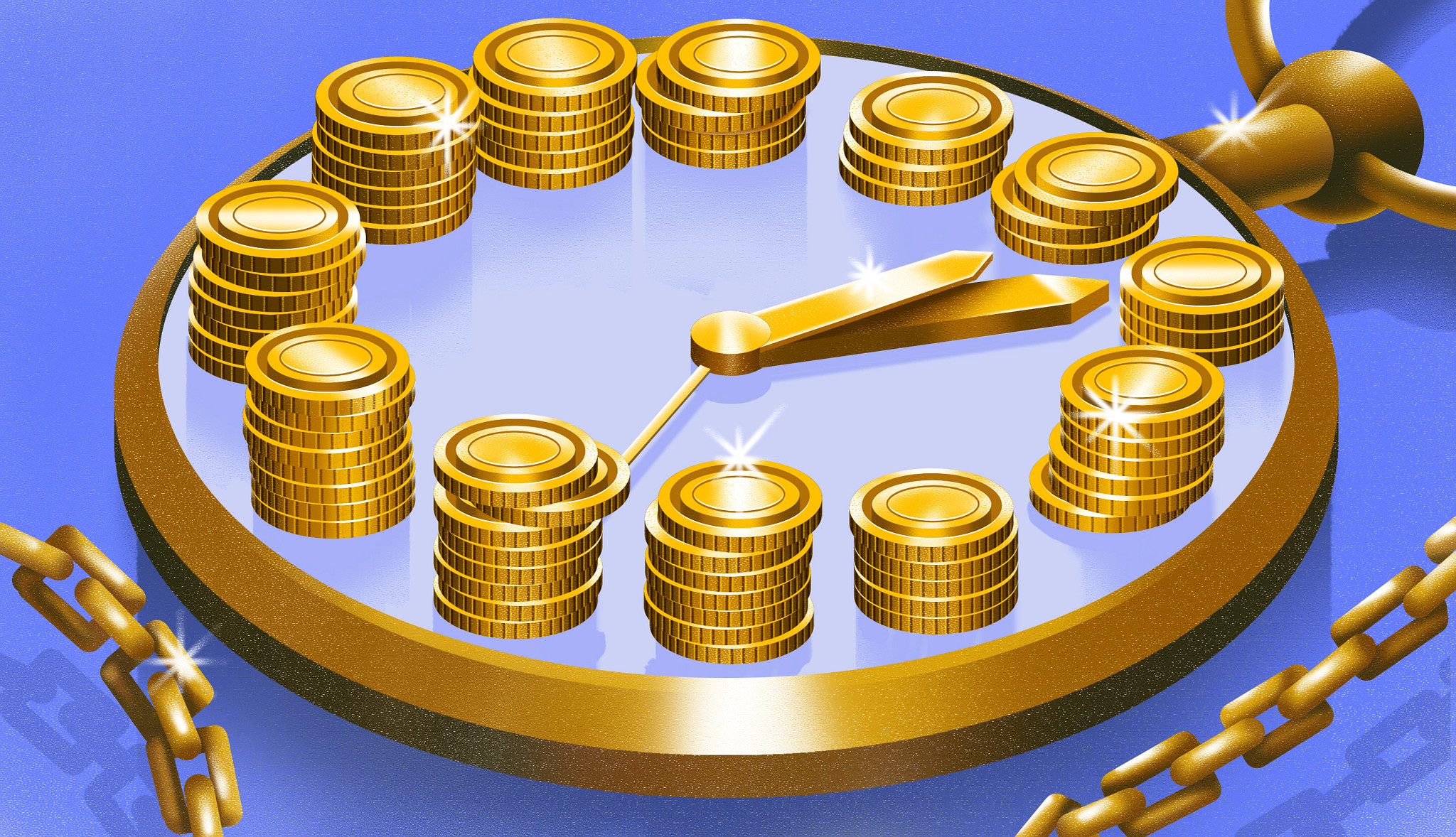 A golden timepiece with stacked coins representing numbers